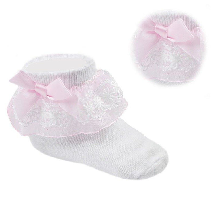 Picture of S115-Lace Socks with White Flower Trim & Bow (nb-18 Months)